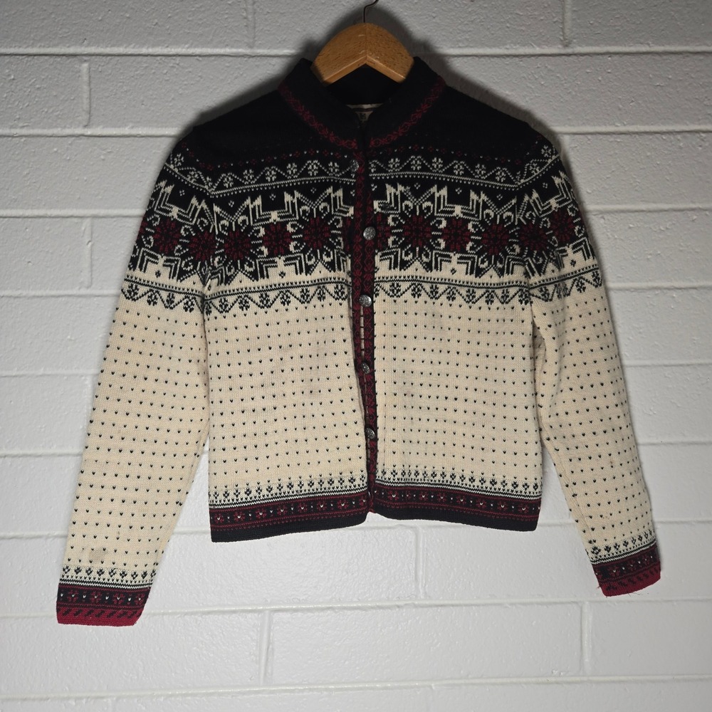 Dale of Norway Womens Cardigan Sweater Cream Black Red Medium Nordic Wool Flaw